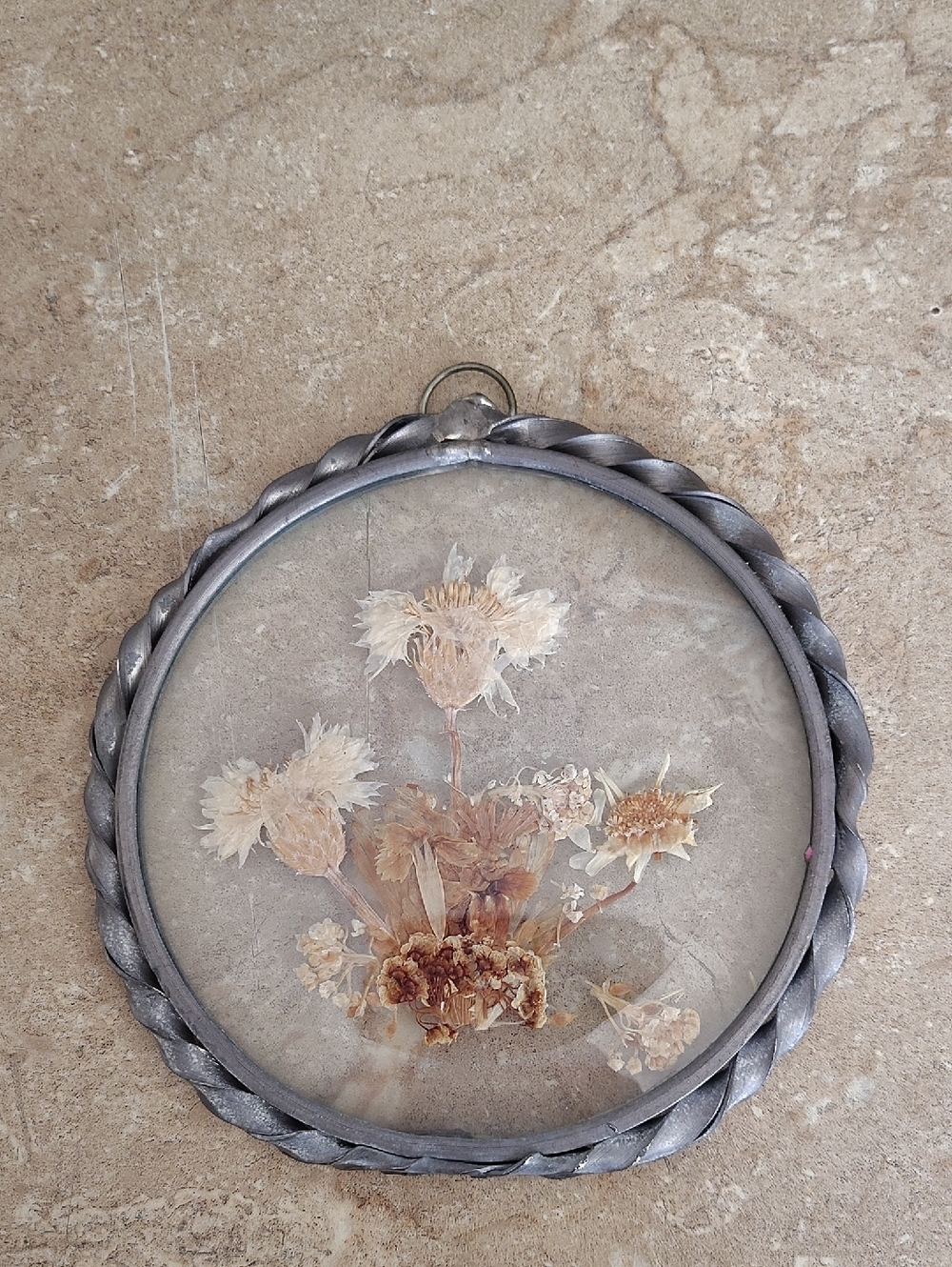 Vintage Round Pressed Flower Wall Hanging in Silver Frame